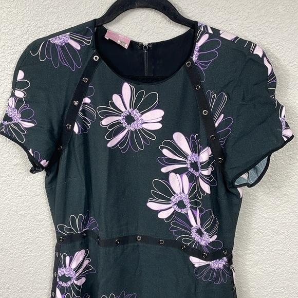 Giamba Floral Studded Grommet Mini Dress Short Sleeve Curves Hem Black Purple L - Picture 3 of 14